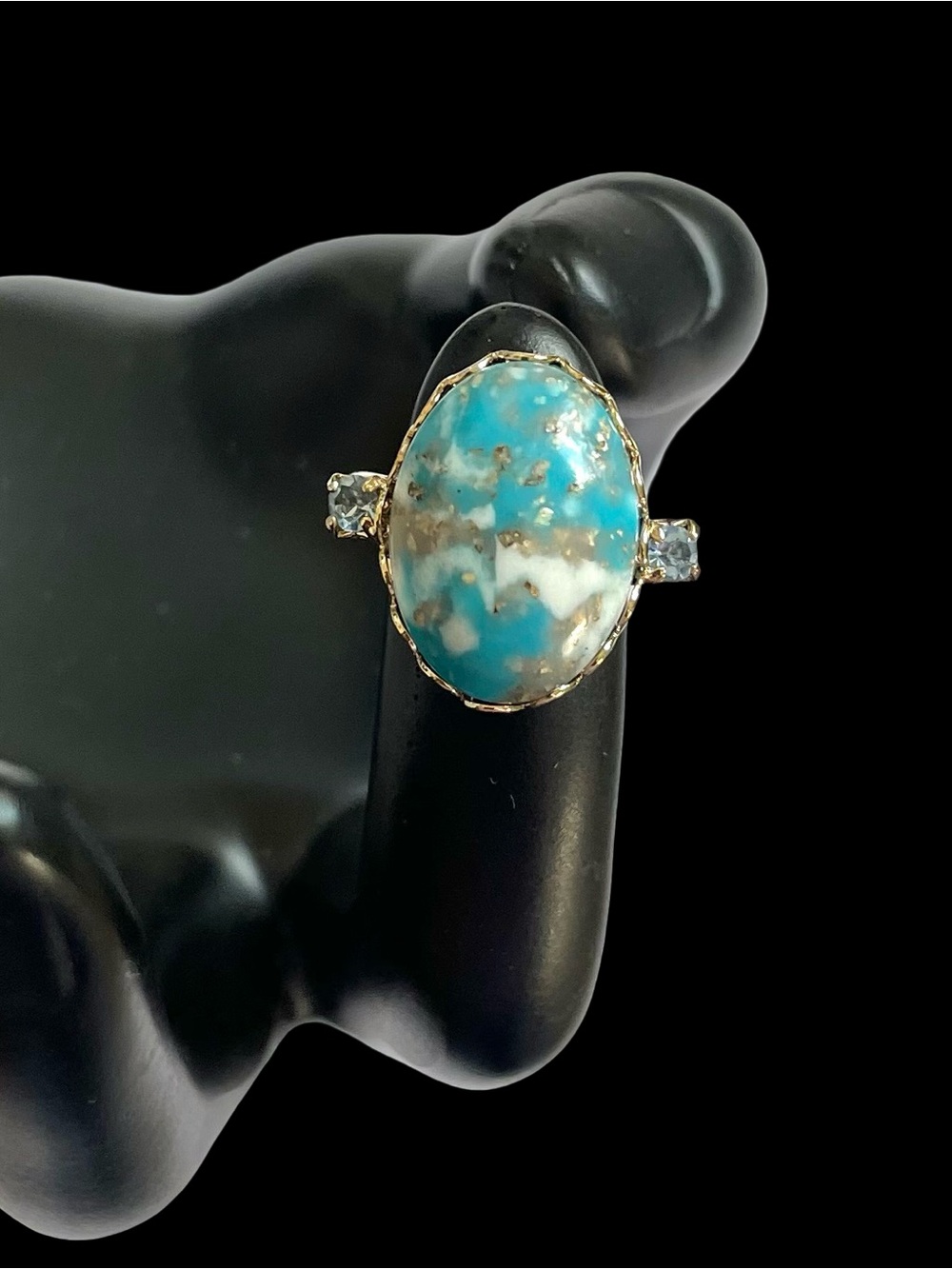 Vintage Mid-Century Turquoise Glass And Rhinestone Adjustable Ring